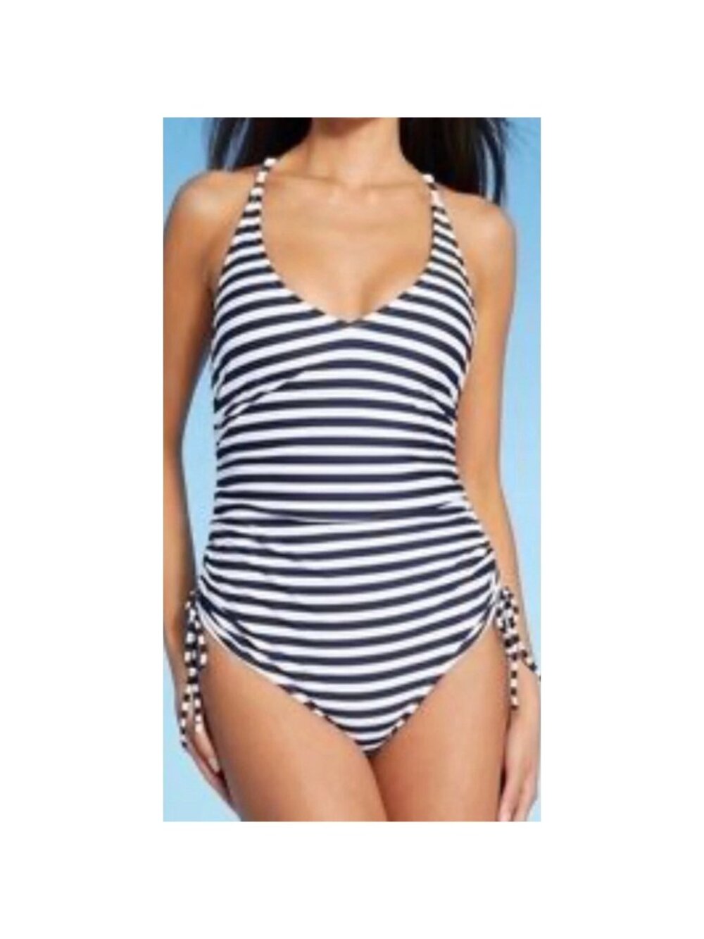 Palisades Beach Club One Piece Swimsuit Striped Navy Blue & White NWOT Large